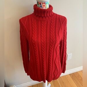 Women's 100% Cotton Red Cable Knit Turtleneck Sweater
